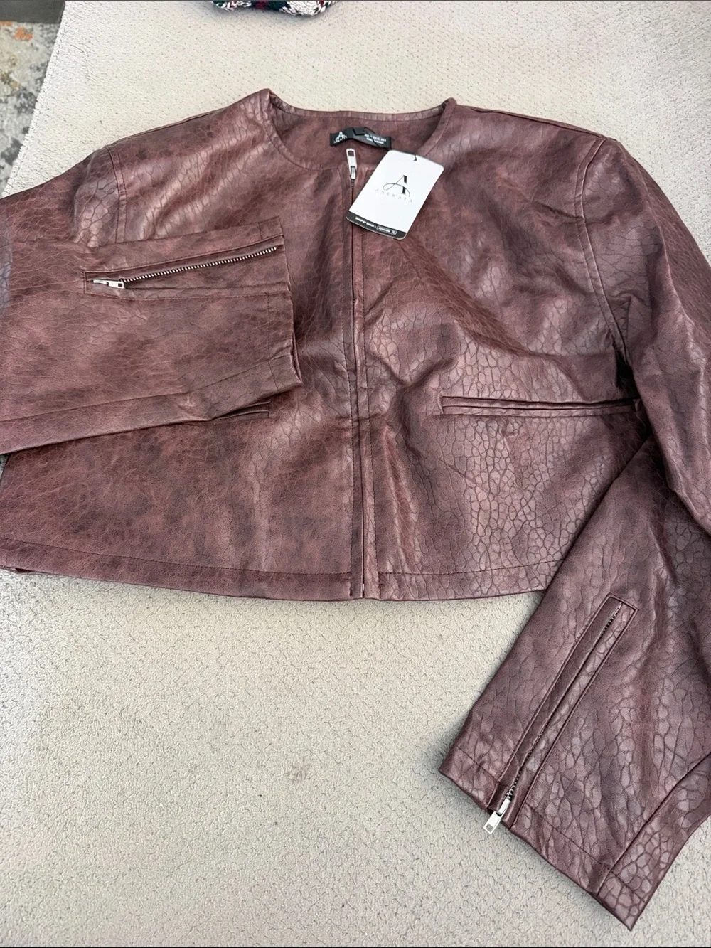 Cropped Faux Leather Jacket in Wine — Womens - Picture 1 of 4
